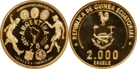 EQUATORIAL GUINEA. Gilt Copper 2000 Ekuele Piefort, 1978. NGC PROOF-67 Ultra Cameo.
KM-P9. Struck to commemorate soccer games in Argentina. 

1978 ...