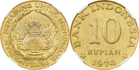 INDONESIA. Brass-Plated Steel 10 Rupiah Pattern, 1974. NGC MS-64.
cf. KM-38.

1974年印度尼西亞10 盧比鍍銅鋼樣幣。

Estimate: $40.00- $60.00...