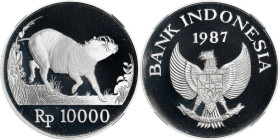 INDONESIA. 10000 Rupiah, 1987. NGC PROOF-69 Ultra Cameo.
KM-45. Wildlife Conservation Series. Featuring the babi rusa (wild boar).

1987年印度尼西亞10000...