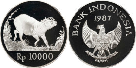 INDONESIA. 10000 Rupiah, 1987. NGC PROOF-68 Ultra Cameo.
KM-45. Wildlife Conservation Series. Featuring the babi rusa (wild boar).

1987年印度尼西亞10000...
