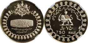 IRAN. 750 Rials, SH 1350/1971. Mohammad Reza Pahlavi. NGC PROOF-69 Ultra Cameo.
Fr-108; KM-1190. AGW: 0.377 oz. Part of the set issued for the 2,500t...