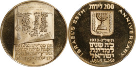 ISRAEL. 200 Lirot, JE 5733/1973. NGC PROOF-67 Ultra Cameo.
Fr-9; KM-74. AGW: 1.37 oz. Mintage: 1,300. Commemorates the 25th Anniversary of Independen...