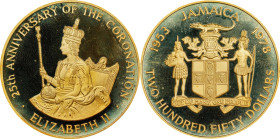 JAMAICA. Gold 250 Dollars, 1978. PROOF.
Fr-9; KM-78. Weight: 43.22 gms. AGW: 1.2506 oz. Struck to commemorate the 25th Anniversary of the Coronation ...
