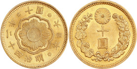 JAPAN. 10 Yen, Year 42 (1909). Osaka Mint. Mutsuhito (Meiji). Grade: UNCIRCULATED (Ministry of Finance Holder).
Fr-51; KM-Y-33; JNDA-01-7; JC-09-7. H...
