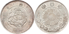 JAPAN. Yen, Year 3 (1870). Osaka Mint. Mutsuhito (Meiji). PCGS MS-62.
KM-Y-5.1; JNDA-01-09; JC-09-9-1. Type I, with border. 

日本明治三年一圓銀幣。大阪造幣廠。
1型...