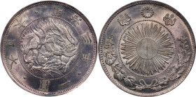 JAPAN. Yen, Year 3 (1870). Osaka Mint. Mutsuhito (Meiji). PCGS MS-62.
KM-Y-5.1; JNDA-01-09; JC-09-9-1. Type 1 with border.

日本明治三年一圓銀幣。大阪造幣廠。
1型，帶...