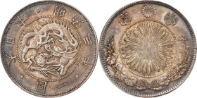 JAPAN. Yen, Year 3 (1870). Osaka Mint. Mutsuhito (Meiji). PCGS AU-58.
KM-Y-5.1; JNDA-01-09; JC-09-9-1. Type 1 with border. 

日本明治三年一圓銀幣。大阪造幣廠。
1型，...