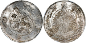 JAPAN. Yen, Year 3 (1870). Osaka Mint. Mutsuhito (Meiji). NGC--Chopmarked.
KM-Y-5.1; JNDA-01-09. Type 1 yen with border.

日本明治三年一圓銀幣。大阪造幣廠。
1型，帶邊框...