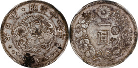 JAPAN. Yen, Year 11 (1878). Osaka Mint. Mutsuhito (Meiji). NGC VF Details--Chopmarked.
KM-Y-28A.4; JNDA-01-10B. Variety with "Gin" countermark in the...