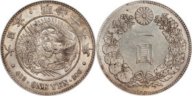 JAPAN. Yen, Year 19 (1886). Osaka Mint. Mutsuhito (Meiji). PCGS AU-58.
KM-Y-A25.2; JNDA-01-10; JC-09-10-1. Diameter: 38.6 mm. 

日本明治十九年一圓銀幣。大阪造幣廠。...