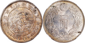 JAPAN. Yen, Year 25 (1892). Osaka Mint. Mutsuhito (Meiji). NGC MS-62.
KM-Y-A25.3; JNDA 01-10A; JC-09-10-2. "Late" type, with three spines over flame ...