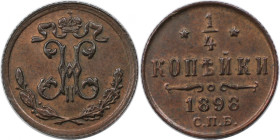 Russische Münzen und Medaillen, Nikolaus II. (1894-1918). 1/4 Kopeke 1898 SPB. Kupfer. Bitkin 297. Stempelglanz
