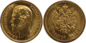 Russische Münzen und Medaillen, Nikolaus II. (1894-1918). 5 Rubel 1904 (900 fein, Mmz. Alexander Redko). 4,29 g. Gold. Fr. 180, Uzd. 0348, Schl. 226, ...