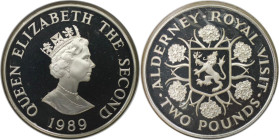 Weltmünzen und Medaillen, Alderney. Königlicher Besuch. 2 Pounds 1989. 28,28 g. 0.925 Silber. 0.84 OZ. KM 1a. Polierte Platte