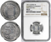Weltmünzen und Medaillen, Algerien / Algeria. 5 Centimes 1921. Chambre de Commerce d'Oran. Aluminium. KM TnE1. NGC MS 65