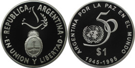 Weltmünzen und Medaillen, Argentinien / Argentina. 50 Jahre Vereinte Nationen. 1 Peso 1995. 25,0 g. 0.900 Silber. 0.72 OZ. KM 126. Polierte Platte