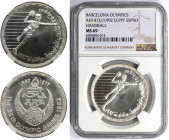 Weltmünzen und Medaillen, Ägypten / Egypt. Olympiade in Barcelona - Handball. 5 Pounds 1992 (AH1412). Silber. KM 706. NGC MS 69