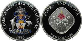 Weltmünzen und Medaillen, Bahamas. Farbmünze. Hibiskus. 2 Dollars 1995. 30,08 g. 0.999 Silber. 1 OZ. KM 164. Polierte Platte