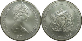 Weltmünzen und Medaillen, Cayman Inseln / Cayman Islands. 25. Regierungsjubiläum von Elisabeth II. 25 Dollars 1977. 51,35 g. 0.925 Silber. 1.5 OZ. KM ...