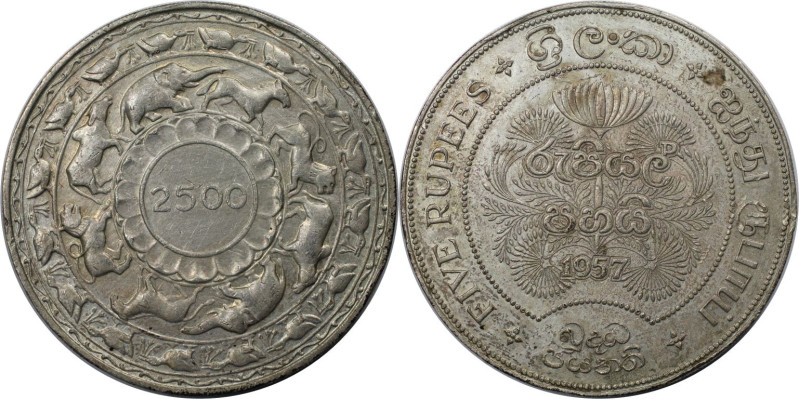 Weltmünzen und Medaillen, Ceylon. 2500 Jahre Buddhismus. 5 Rupees 1957. Silber. ...