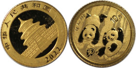 Weltmünzen und Medaillen, China. 40. Jahrestag der Panda-Prägung. 10 Yuan 2022. 1 g. 0.999 Gold. KM UC# 247. Stempelglanz. Original Folie