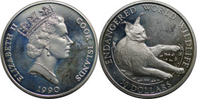 Weltmünzen und Medaillen, Cookinseln / Cook Islands. Gefährdete Weltwildleben-Reihe - Luchs. 50 Dollars 1990. 19,40 g. 0.925 Silber. 0.58 OZ. KM 54. P...