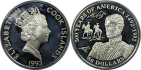 Weltmünzen und Medaillen, Cookinseln / Cook Islands. Serie: 500 Jahre Amerika - Jose de San Martin. 50 Dollars 1993. 31,10 g. 0.925 Silber. 0.93 OZ. K...