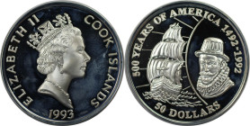 Weltmünzen und Medaillen, Cookinseln / Cook Islands. Serie: 500 Jahre Amerika - John Hawkins. 50 Dollars 1993. 31,10 g. 0.925 Silber. 0.93 OZ. KM 171....