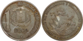 Weltmünzen und Medaillen, Dominikanische Republik / Dominican Republic. 500 Jahre Amerika Kolumbus Flotte. 1 Peso 1988. Kupfer-Nickel. KM 66. Stempelg...