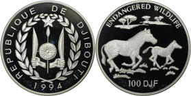 Weltmünzen und Medaillen, Dschibuti / Djibouti. Gefährdete Weltwildleben-Reihe - Zebras. 100 Francs 1994. 31,47 g. 0.925 Silber. 0.94 OZ. KM 32. Polie...