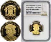 Weltmünzen und Medaillen, Jamaika / Jamaica. Christoph Kolumbus. 100 Dollars 1975 FM, Franklin. 7,83 g. 0.900 Gold. 0.23 OZ. KM 67, Fr-7. NGC PF 69 Ul...