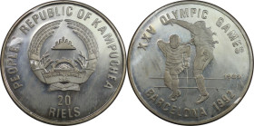 Weltmünzen und Medaillen, Kambodscha / Cambodia. XXV. Olympische Sommerspiele, Barcelona 1992. 20 Riels 1989. 16,0 g. 0.999 Silber. 0.51 OZ. KM 80. Po...