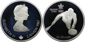 Weltmünzen und Medaillen, Kanada / Canada. Olympiade Calgary 1988 - Curlingspieler. 20 Dollars 1987. 34,1 g. 0.925 Silber. 1 OZ. KM 156. Polierte Plat...