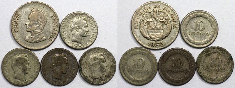 Weltmünzen und Medaillen, Kolumbien / Colombia. 4 x 10 Centavos 1947-1951, 20 Ce...