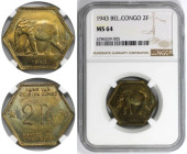 Weltmünzen und Medaillen, Kongo / Congo. Belgisch-Kongo. Leopold III. 2 Francs 1943. Messing. KM 25. NGC MS 64