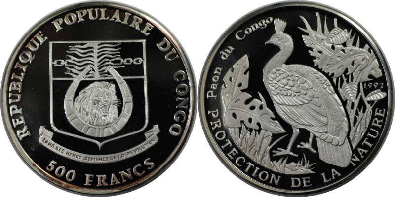 Weltmünzen und Medaillen, Kongo / Congo. Pfau. 500 Francs 1992. 19,95 g. 0.999 S...