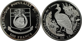 Weltmünzen und Medaillen, Kongo / Congo. Pfau. 500 Francs 1992. 19,95 g. 0.999 Silber. 0.64 OZ. KM 12. Polierte Platte