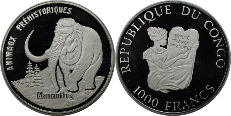 Weltmünzen und Medaillen, Kongo / Congo. PrhiIstorische Tiere - Mammut. 1000 Fra...