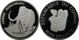 Weltmünzen und Medaillen, Kongo / Congo. PrhiIstorische Tiere - Mammut. 1000 Francs 1994, Silber. 0.51 OZ. KM 34. Polierte Platte