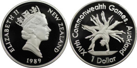Weltmünzen und Medaillen, Neuseeland / New Zealand. XIV. Commonwealth Spiele. 1 Dollar 1989. 27,22 g. 0.925 Silber. 0.81 OZ. KM 68a. Polierte Platte