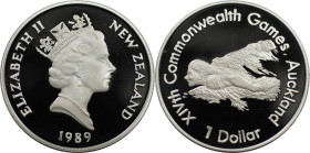 Weltmünzen und Medaillen, Neuseeland / New Zealand. XIV. Commonwealth Spiele. 1 Dollar 1989. 27,22 g. 0.925 Silber. 0.81 OZ. KM 69a. Polierte Platte
