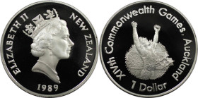 Weltmünzen und Medaillen, Neuseeland / New Zealand. XIV. Commonwealth Spiele. 1 Dollar 1989. 27,22 g. 0.925 Silber. 0.81 OZ. KM 67a. Polierte Platte