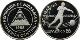 Weltmünzen und Medaillen, Nicaragua. "FIFA Fussball-Weltmeisterschaft 1986". 2000 Cordobas 1988. 16,60 g. 0.825 Silber. 0.44 OZ. KM 65. Polierte Platt...