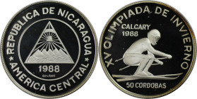 Weltmünzen und Medaillen, Nicaragua. 15. Olympische Winterspiele 1988 in Calgary. Schifahrer. 50 Cordobas 1988. 16,60 g. 0.825 Silber. 0.44 OZ. KM 61....