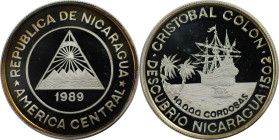 Weltmünzen und Medaillen, Nicaragua. Entdeckung von Nicaragua. 10000 Cordobas 1989. 20,0 g. 0.999 Silber. 0.64 OZ. KM 64. Polierte Platte