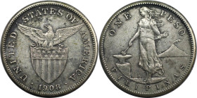 Weltmünzen und Medaillen, Philippinen / Philippines. USA Administration. 1 Peso 1908. Silber. KM 172. Sehr schön+