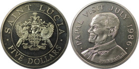 Weltmünzen und Medaillen, Saint Lucia. Besuch von Papst Johannes Paul II. 5 Dollars 1986. Kupfer-Nickel. KM 14. Stempelglanz. Leicht berieben. Kl.Krat...