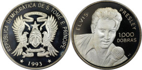 Weltmünzen und Medaillen, Saint thomas and prince islands. Elvis Presley. 1000 Dobras 1993. 25,0 g. 0.925 Silber. 0.72 OZ. KM 71. Polierte Platte. Lei...
