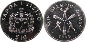 Weltmünzen und Medaillen, Samoa. Olympische Spiele 1988 in Seoul - Gewichtheben. 10 Tala 1988. 31,10 g. 0.999 Silber. 1 OZ. KM 70. Stempelglanz