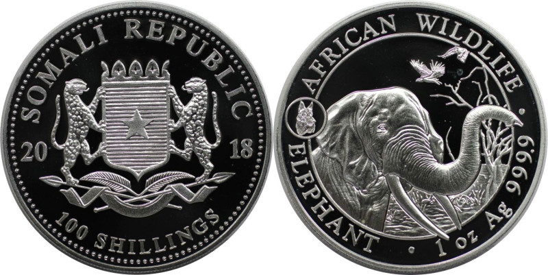 Weltmünzen und Medaillen, Somalia. Elefant. 100 Shillings 2018. Silber. 1 OZ. Po...